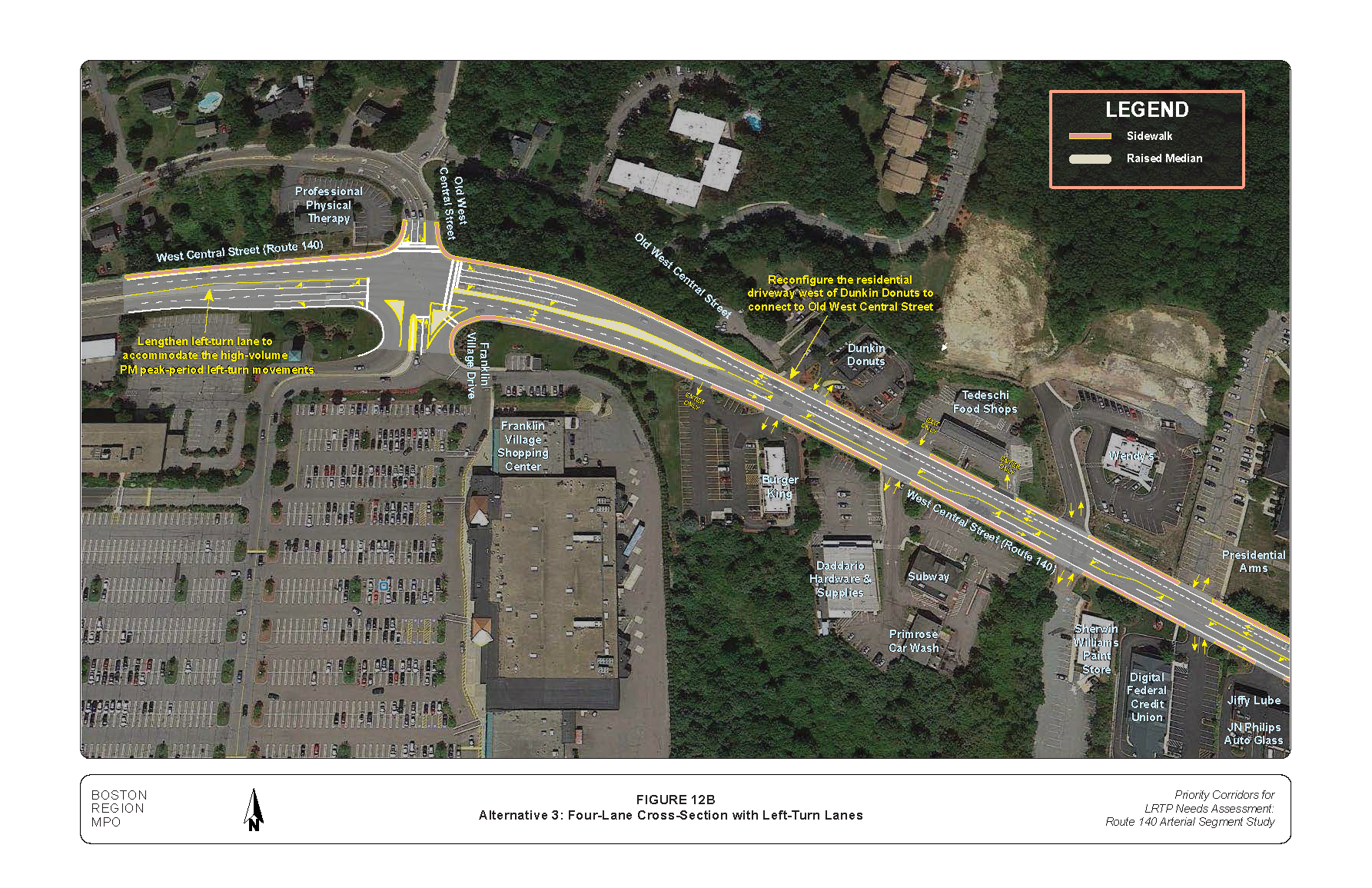 FIGURE 12B: Alternative 3: Four-Lane Cross-Section with Left-Turn Lanes. Aerial-view map that illustrates MPO staff “Improvement Alternative 3,” which recommends reconfiguring West Central Street into a three-lane cross-section with left-turn lanes.
